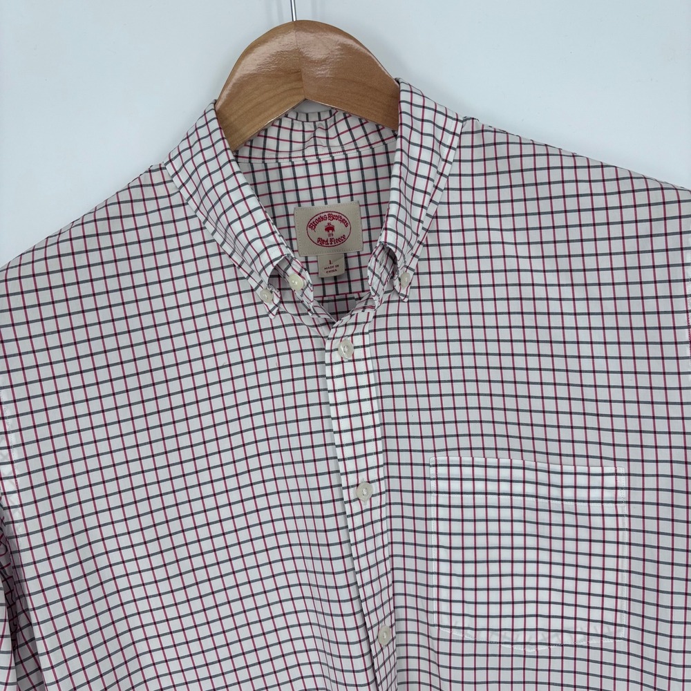 Brooks Brothers Red Fleece Shirt Mens Large White Red Plaid Button Down Preppy